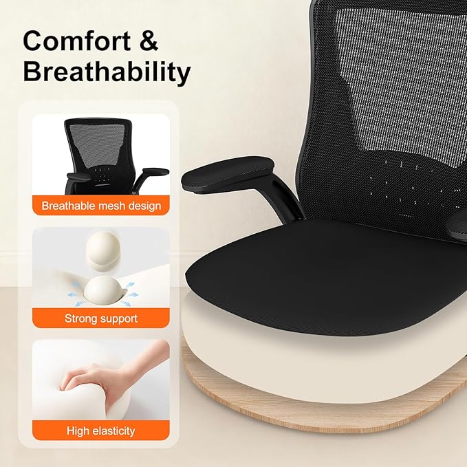 Ergonomic Office Chair – Comfy Mesh Desk Chair with Flip-Up Armrests & Silent Wheels, Adjustable Height Home Computer Chair, Breathable & Supportive for Long Hours Sitting