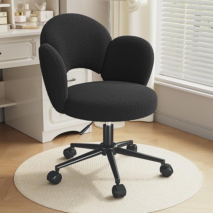 Petal Vanity Chair, Black Vanity Chair with Wheels & Lumbar Support, Height Adjustable, Velvet Cute Desk Chair for Study, Makeup & Relaxation