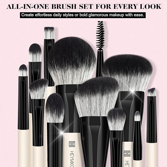 HEYMKGO Makeup Brushes Set, 12Pcs Professional Dual-ended Foundation Contour Powder Eyeshadow Brushes for Liquid, Cream, Powder for Blending Face Brush Tools - Bag Included, Great for Travel, Black