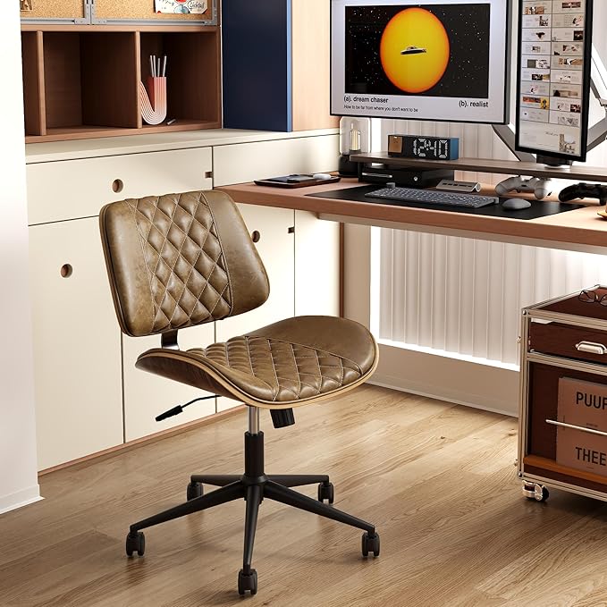Home Office Chair No Arms with Wheels, Armless Adjustable Height Small Desk Chair, Armless PU Leather Computer Chair Mid Back 360 Swivel, Modern Walnut, Reading Meeting Room (Brown)