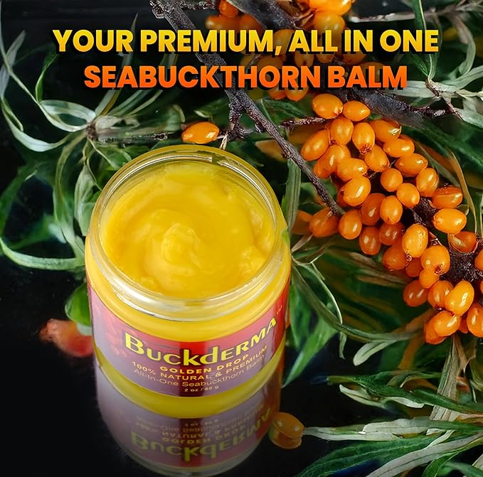Beesaluxe Buckderma Natural All-In-One Seabuckthorn Balm - Essential Oil Facial Moisturizer, Oil Cleanser, Overnight Mask, Makeup Remover, Lip Balm, Hand Cream, Beeswax Foot Butter and More