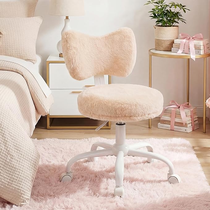 Vanity Chair with Wheels, Cute Desk Chair with Bow Backrest, Fluffy Faux Rabbit Fur Small Office Chair for Vanity, Make-up Room, Bedroom, Dorm, Height Adjustable, Orange Pink