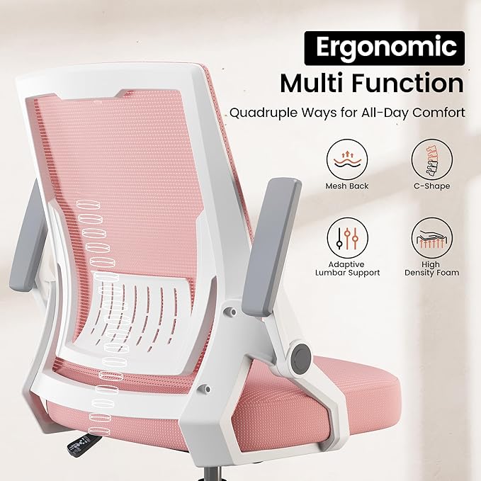 GTPOFFICE Ergonomic Office Chair, Computer Desk Chair Comfy with Adjustable Lumbar Support, Mid-Back Mesh Office Chair with Flip-up Armrest, Tilt Function Task Chair for Home, Bedroom, Gaming, Pink