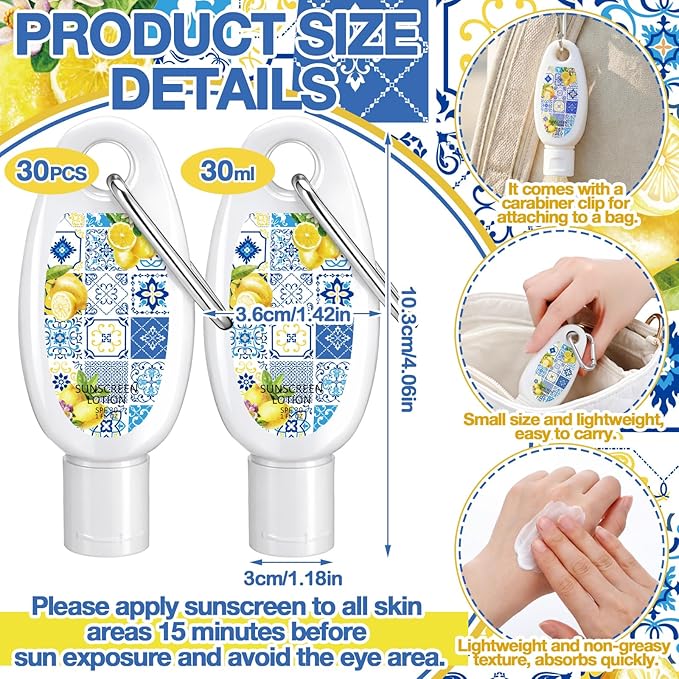 Leelosp 30 Pcs Lemon Mini Sunscreen with Carabiner Bulk for Baby Shower Travel Size 1 Fl. Oz. SPF 30 Water Resistant Mini Lemon Favors Gifts for Bridal Shower Birthday Wedding Parties for Guests