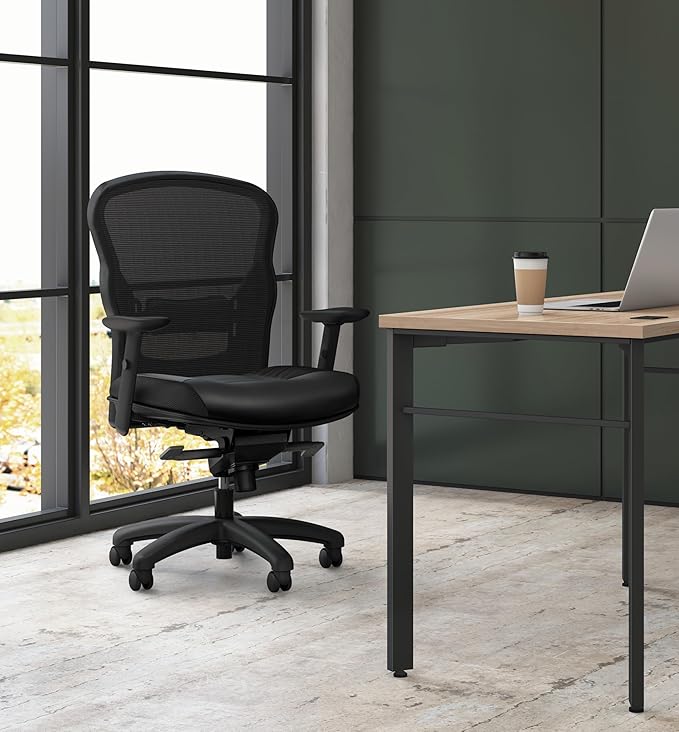 HON Wave High Back Leather Ergonomic Office Chair Lumbar Support with Adjustable Arms, Breathable Mesh Ergonomic Desk Seat for Computers, Office, 360° Swivel Synchro-Tilt, Black