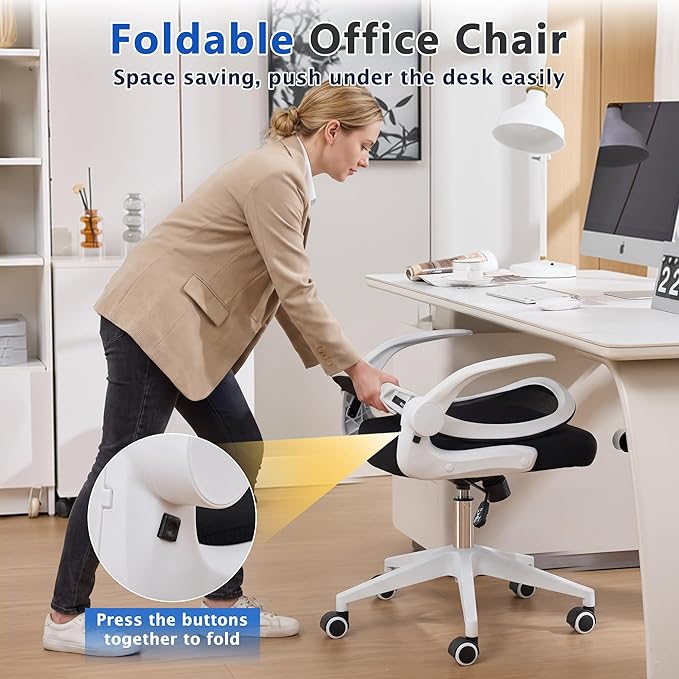 IPKIG Foldable Office Chair for Small Spaces | Home Office Folding Desk Chairs with Wheels and Flip Up Arms | Ergonomic Mesh Computer Chair for Adults & Kids (2PCS White)