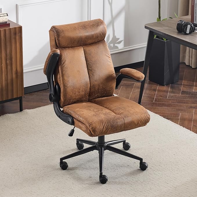 VINGLI Microfiber Brown Rolling Ergonomic Office Desk Chair with Padded Flip-up Arms, 360°Swivel High Back Executive Computer Chair with Wheels for Game，Home Small Space, Study Room, Reading Room