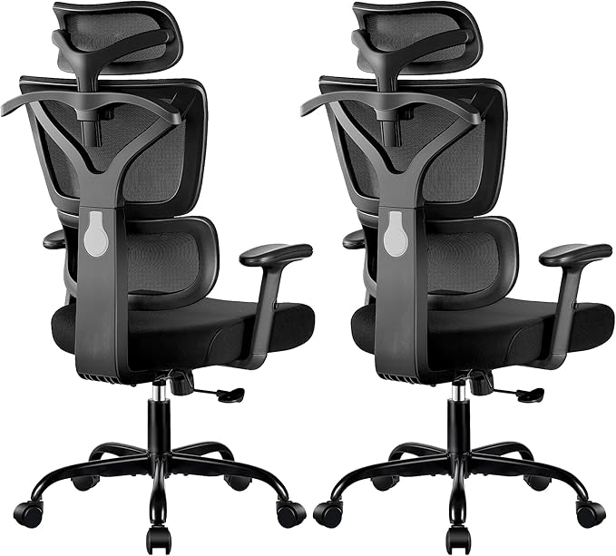 Ergonomic Office Chair High Back Desk Chair with Lumbar Support, Breathable Mesh Computer Chair with Adjustable Armrests Height, Reclining Big and Tall Gaming Chair for Home Office, (Black 2Pack