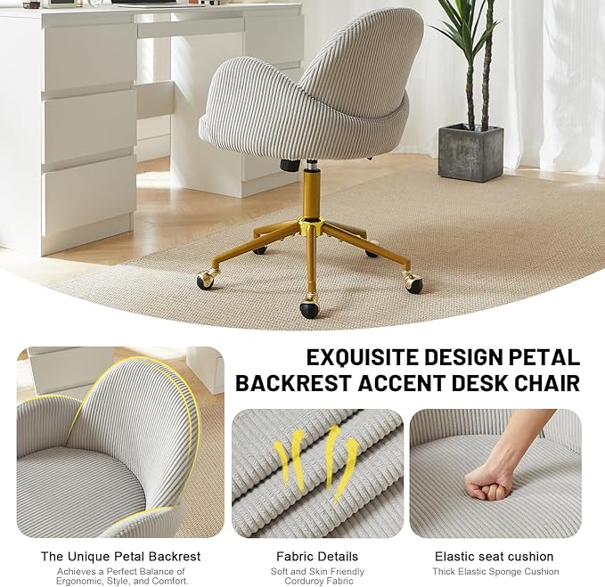 Home Office Chair with Petal Backrest, Corduroy Upholstered Desk Chair with Adjustable Swivel Wheels, Ergonomic Chairs for Living Room, Bedroom, Office, Study, Flower Cute Girls Vanity Chair (Grey)