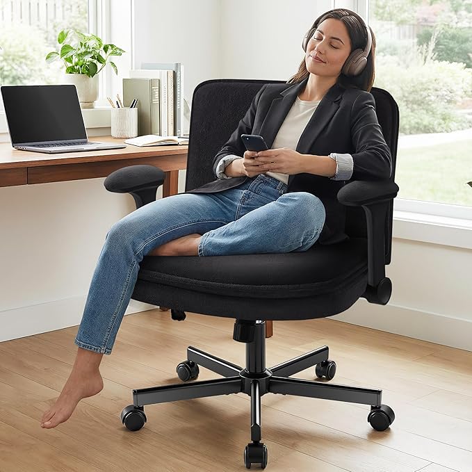 Criss Cross Office Chair with Wheels - Wide Seat Criss Cross Desk Chair with Flip-up Arms and Thick Cushion - Comfy Tilting Swivel Rolling Vanity Chair for Home Office Bedroom Apartment