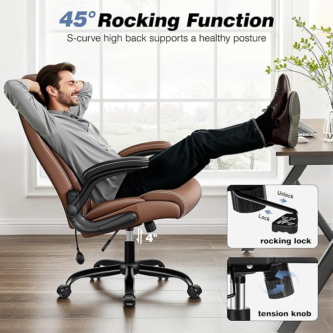 Ergonomic Office Chair - Desk Computer Chair, Leather High Back Executive Chairs with Adjustable Lumbar Support & Flip Up Arms, Brown 2 Pack