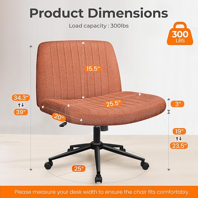 NEO Chair Criss Cross Chair with Wheels Armless Cross Legged Office Desk Wide Comfy Vanity Makeup Chair Adjustable Swivel Rolling Computer for Home Office Fabric (Brown)