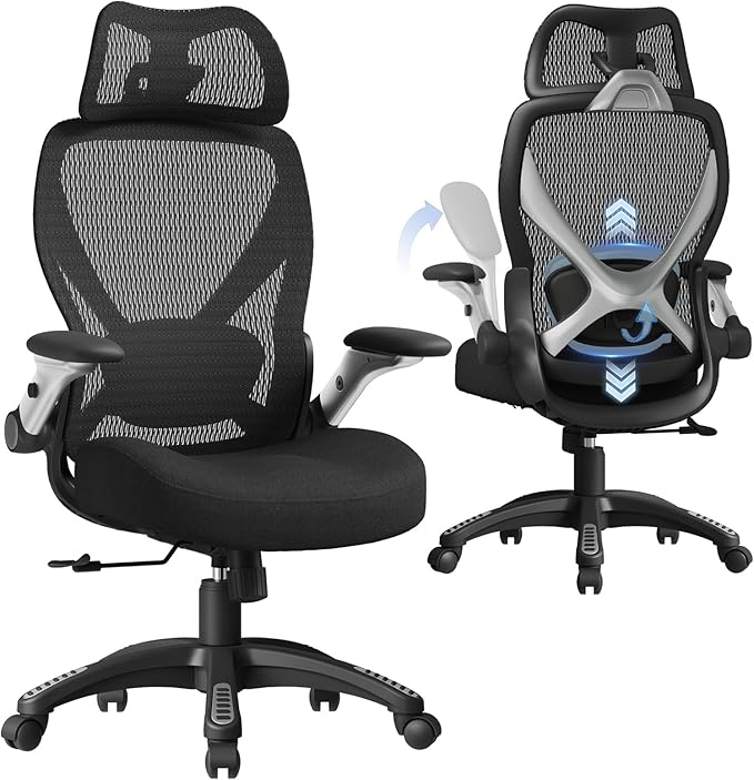 ELABEST X100 Ergonomic Mesh Office Chair, Big and Tall Hone Desk Chair with 5D Flip-Up Arms, Adjustable 3D Lumbar Support,Gaming & Executive Computer Chairs for Long Hours, Padded Seat