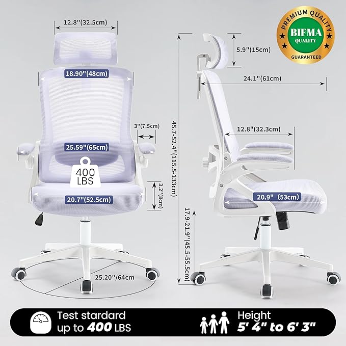 Fizzin Ergonomic Office Chair, 400 LBS Desk Chair with Adjustable Lumbar Support, High Back Breathable Mesh Computer Chair Rolling Work Swivel Task Chairs, Comfy Home Office Desk Chair (Lavender)