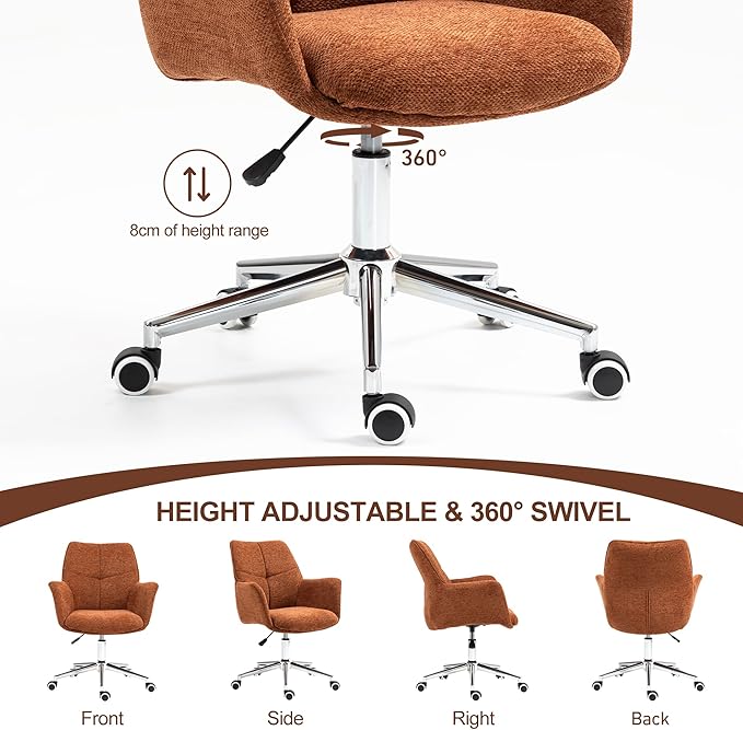 Home Office Desk Chair Swivel Ergonomic Computer Chair with Rolling Wheels, Adjustable Height Accent Armchair Upholstered Chenille for Living Room, Home Office, Study, Make Up, Orange