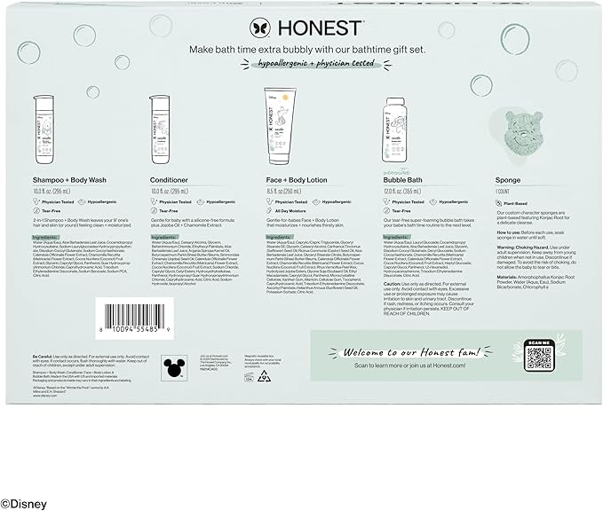The Honest Company Fragrance-Free Bathtime Gift Set, Disney Design, Hypoallergenic, Bath Essentials for Sensitive Skin, Shampoo and Body Wash, Face Lotion, Bubble Bath, Conditioner, Sponge