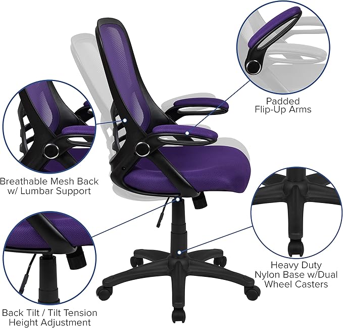 Flash Furniture Porter High-Back Swivel Office Chair with Adjustable Lumbar Support and Seat Height, Ergonomic Mesh Desk Chair with Flip-Up Armrests, Purple/Black