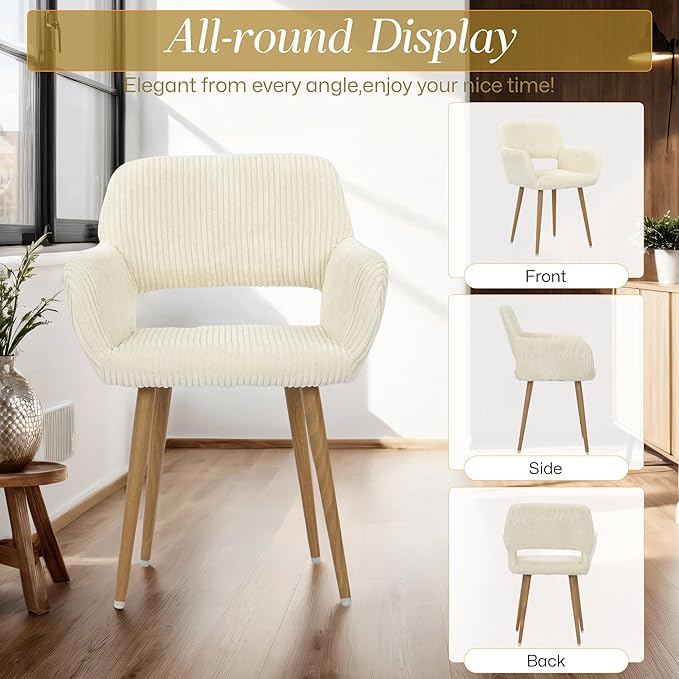HENJIANYI Home Office Corduroy Desk Chair, Makeup Vanity Chair, Comfy Accent Armchair with Wood Grain Metal Legs, Cute Dining Chair with Hollowed Back, Beige