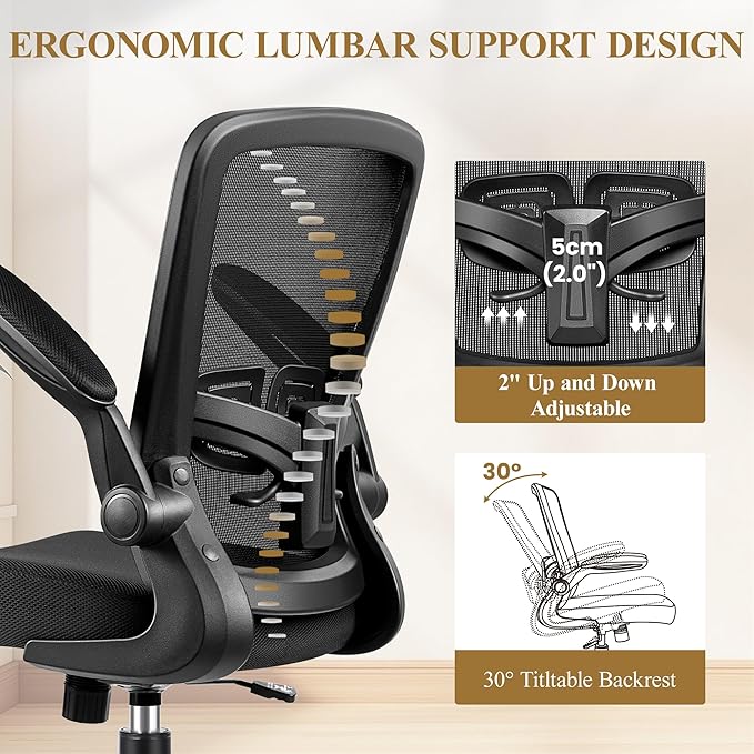 Office Chair with 90° Flip-Up Armrests, Silent 360° Swivel Casters, Adjustable Height & Tilt for Small Home Offices and Conference Rooms