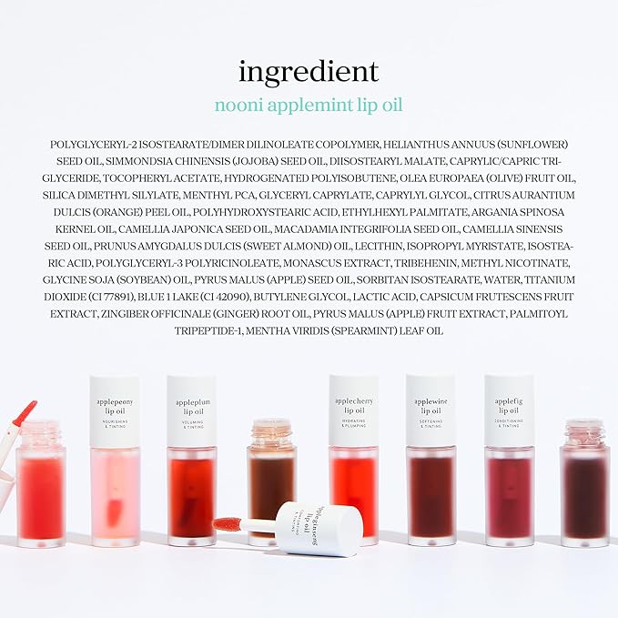 NOONI Korean Lip Oil - Applemint | Long-Lasting, Moisturizing, Plumping, Revitalizing for Dry Lips, Waterproof, No Peel Off, Hydrating, Nourishing Crystal Clear Lip Stain, 0.12 FL Oz
