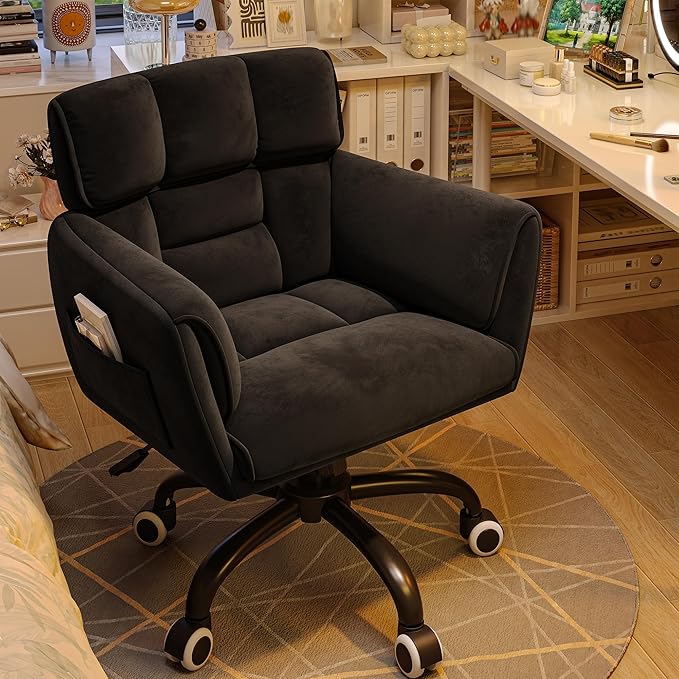 Home Office Chair with Wheels Soft-Touch Material,Modern Cute Vanity Chair with Back Adjustable Height Upholstered Comfy Desk Chairs with Side Pockets for Bedroom,Black