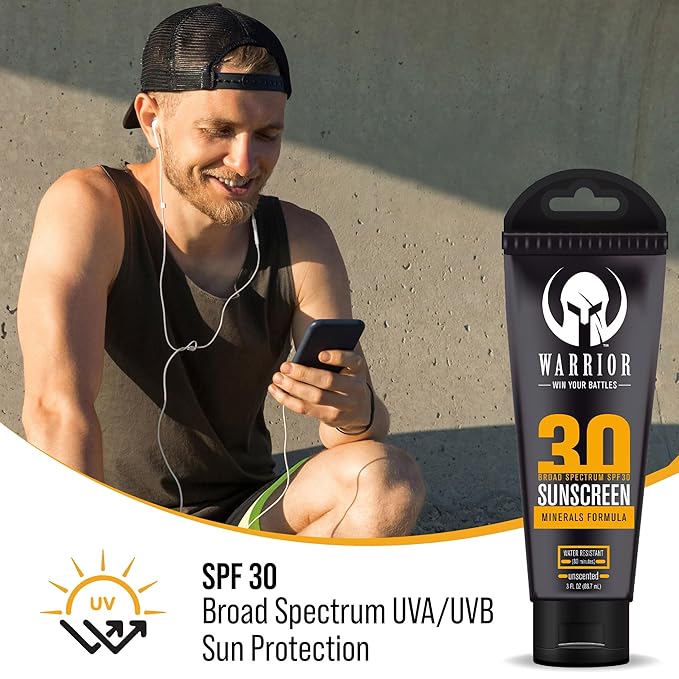 Warrior SPF 30 Sunscreen Lotion - Water Resistant, Reef Safe Lotion Sunscreen with Mineral Formula - Non-Toxic Sunscreen for Sensitive Skin - 3 OZ