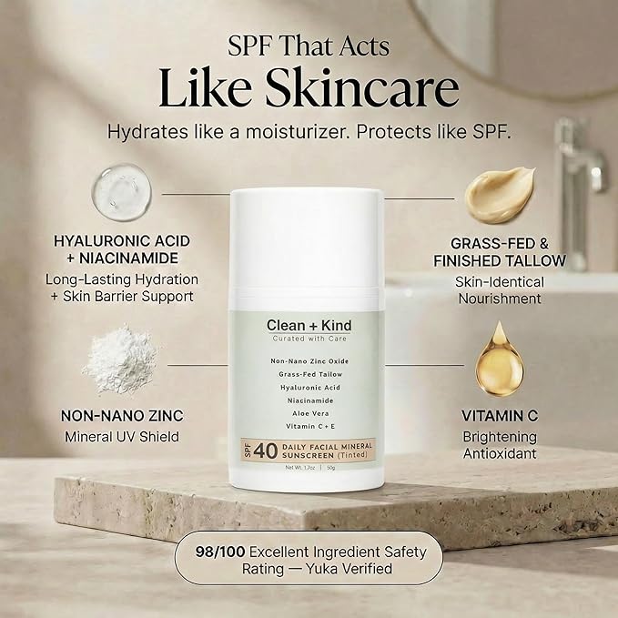 Daily Face Sunscreen SPF 40 Moisturizer with Tallow, Zinc Oxide, Hyaluronic Acid & Vitamin E – Mineral, Reef Safe Sunscreen for Hydration & UV Protection, 1.7 oz - TINTED (Tinted (1.7 oz))
