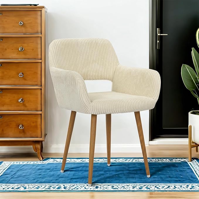 HENJIANYI Home Office Corduroy Desk Chair, Makeup Vanity Chair, Comfy Accent Armchair with Wood Grain Metal Legs, Cute Dining Chair with Hollowed Back, Beige