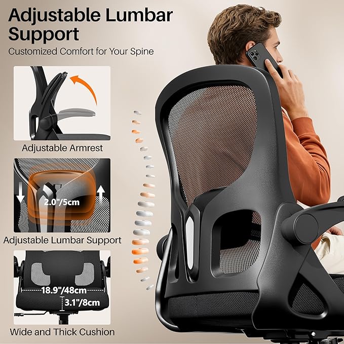 Office Chair Ergonomic Desk Chair, Adjustable Lumbar Support Rolling Swivel Comfy Chair with Space-Saving Flip Up Armrests,Mesh Gaming Chair for Business Work Office & Home, Black 8pcs