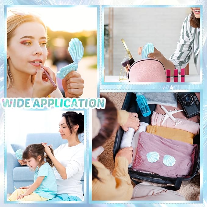 Meanplan 12 Pcs Mermaid Party Favors Shell Hair Brush with Mirror Foldable Mini Travel Pocket Hair Brush Compact Makeup Comb for Women Girls Valentines Day Birthday Gifts(Blue)