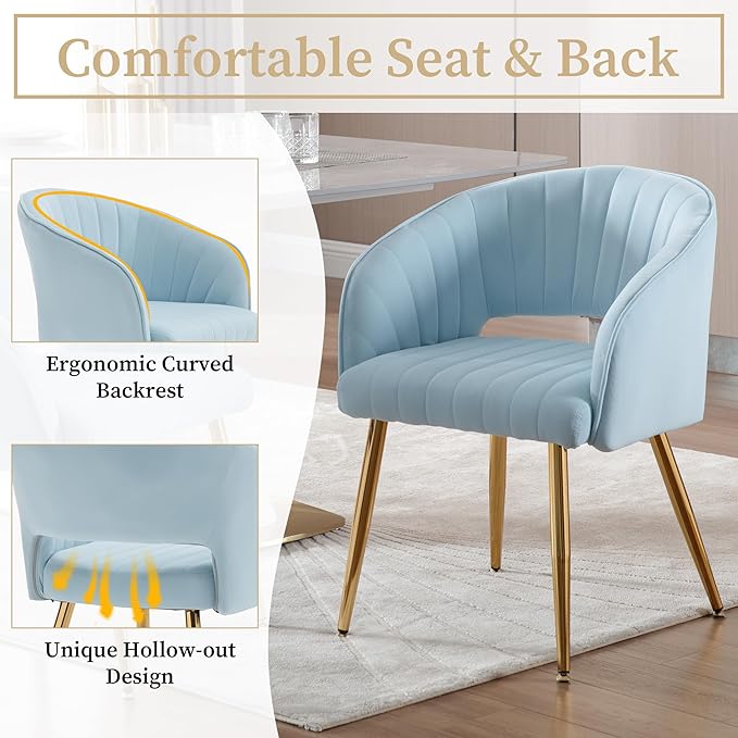 Westice Velvet Home Office Desk Chair Set of 1, Modern Tufted Vanity Chairs with Gold Metal Legs, Upholstered Accent Armchair for Living Room Restaurant, Light Blue
