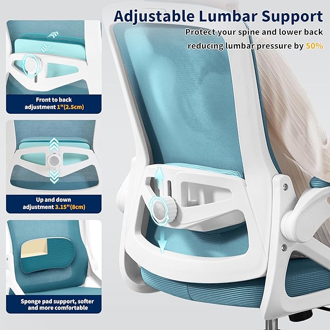 Ergonomic Office Chair, Desk Chair with Adjustable Lumbar Support, Breathable Mesh Comfy Computer Chairs with Flip-up Armrests Executive Task Chair for Adults Home Office (Lake Blue)