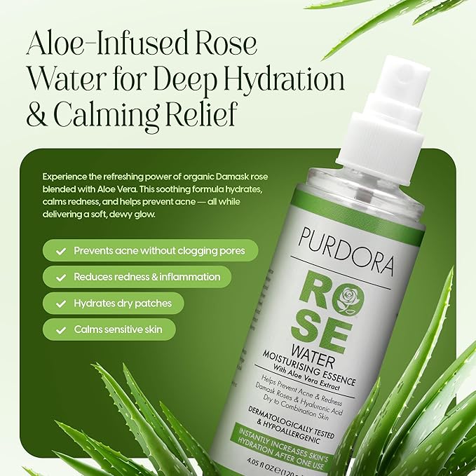 Rose Water Face Mist Toner with Aloe Vera & Hyaluronic Acid – Hydrating & Soothing Spray for Redness, Dry & Acne-Prone Skin – Natural, Alcohol-Free – 4.05 fl oz