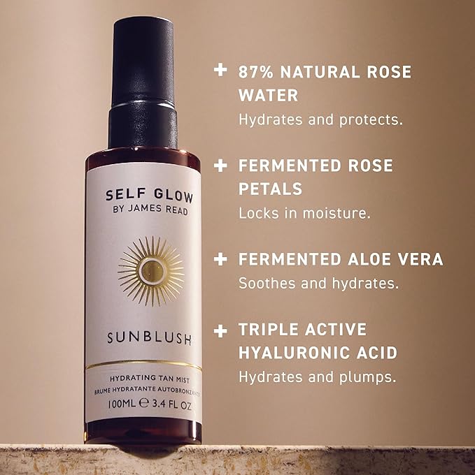 Self Glow by James Read - Sunblush Hydrating Tan Mist with Rosewater | Gradual Tanner to Plump + Tone | Lightweight, Buildable | Non-Allergen Fragrance, Non-Drying Alcohol (100mL | 3.4 fl oz)