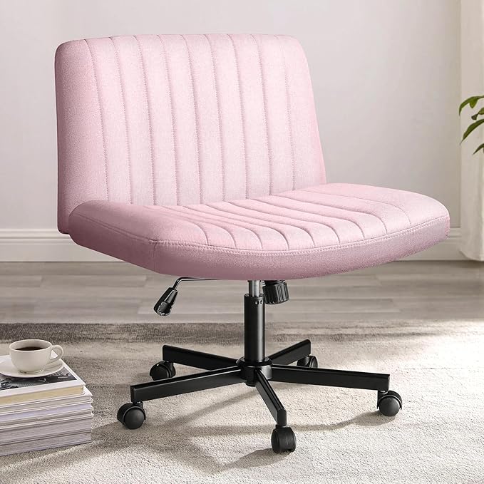 PUKAMI Criss Cross Chair,Comfy Cross Legged Office Desk Chair No Wheels,Modern Fabric Swivel Adjustable Height Mid Back Wide Seat for Home Office Computer (Pink with Wheels)