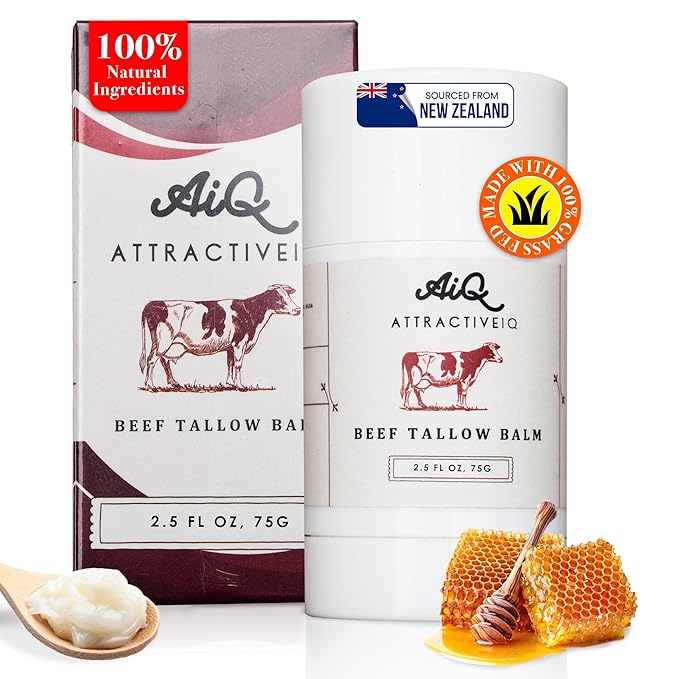 Beef Tallow Moisturizer for Skin – New Zealand Grass Fed Tallow Balm Stick with Vitamin E, Raw Honey & Olive Oil – Natural Face & Body Moisturizer for Dry, Sensitive Skin 2.5oz