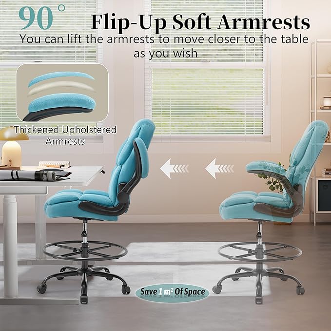 Ergonomic Drafting Chair, Tall Office Chair for Standing Desk, High Back Standing Desk Chair with Flip-Up Armrest, Adjustable Height & Foot Ring, Executive Fabric Extended Height Office Chairs, Blue