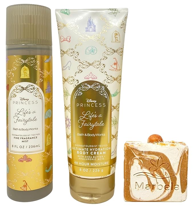 Bath & Body Works Limited Edition Princess Collection Life's a Fairytale Fine Fragrance Mist and Ultimate Hydration Body Cream with a Peach Gardenia Bar Soap