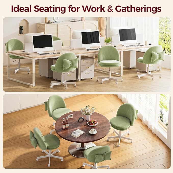 GTPLAYER Velvet Tall Office Chair with Wheels Vanity Chairs with Back, Versatile Height Use: Office to Bar Stools Small Ergonomic Comfy Armlees Computer Desk Chair with Bow Lumbar Pillow for Gift
