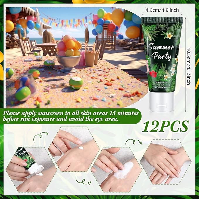 12 Pcs Mini Sunscreen Bulk for Summer Travel Size Spf 30 Water Resistant Sunscreen Lotion Bulk for Thank You Gifts Hawaiian Wedding Bridal Party Favors for Pool Wedding(Tropical)