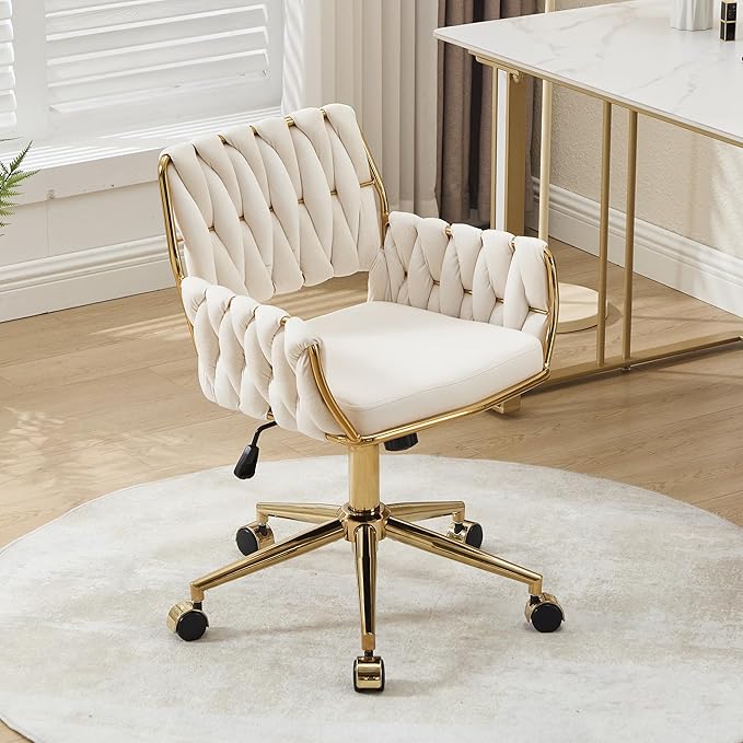 civama Velvet Office Desk Chair with Hand Woven Backrest, 360°Swivel & Height Adjustable Cute Girls Vanity Vlog Chairs, Nail Salon Bedroom Dressing Room Armchair with Gold Base and Wheels (Beige)