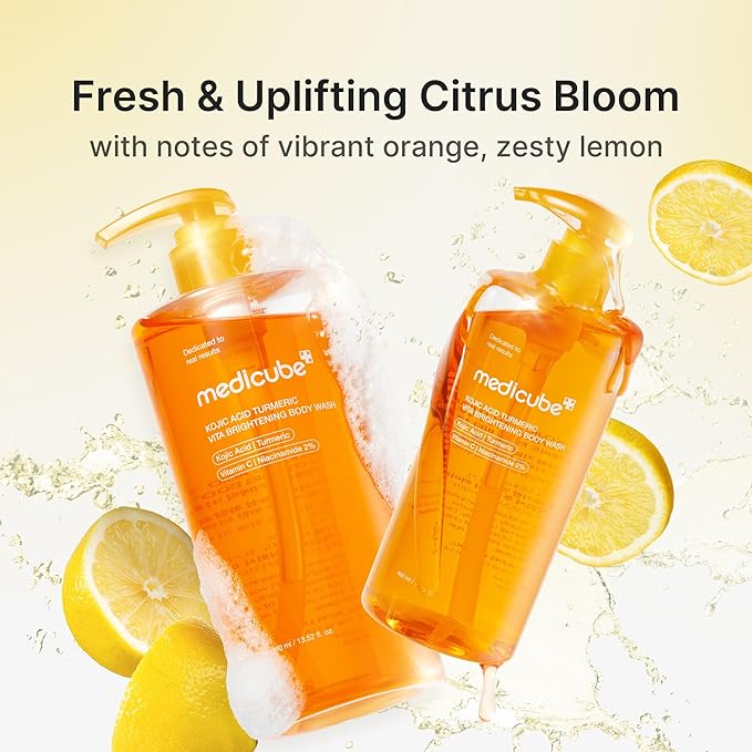 medicube Kojic Acid Body Wash & Prep Duo: Kojic Acid Turmeric Toner Pads and Turmeric Body Wash | Simple Cleanse & Swipe Routine for Glowing-Looking Body Skin