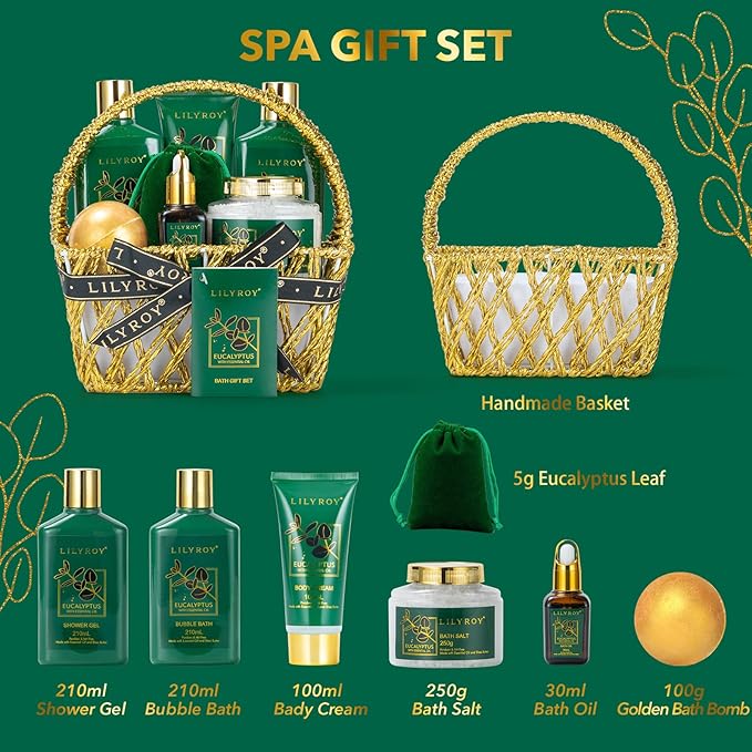Spa Gift Basket for Mothers Day Gifts - 9 Pieces Premium Eucalyptus Bath & Body Care Kit for Women & Men, Holiday Gift for Valentines Day, Christmas, Fathers Day, Birthday with Shower Gel