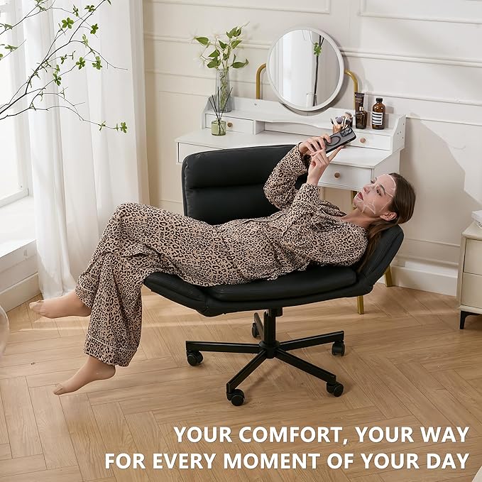Criss Cross Chair with Flip-Up Arms & Swivel Wheels, Vanity Chair with Adjustable Height & Side Pockets, Comfortable Wide Seat Reclining Computer Office Desk Chairs for Home Office, Make Up, Bed Room