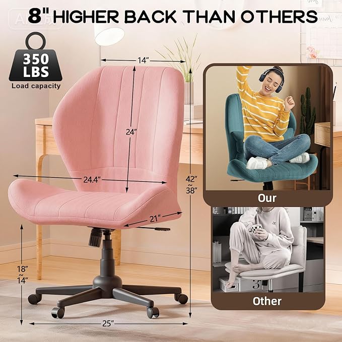 Criss Cross Chair with Wheels, Wide Cross Legged Office Chair Armless Comfy Desk Chair with Tall Back Vanity Chairs with Stress Relief Curved Design Seat for Bedroom & Office & Home Pink