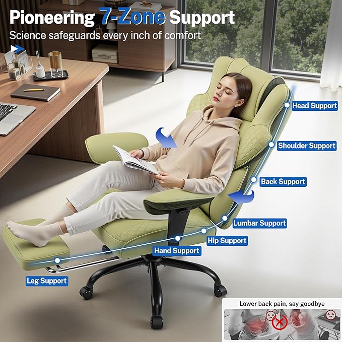 FelixKing Big and Tall Office Chair 500lbs - Ergonomic Desk Chair with Footrest, Scratch-Resistant PU Leather Computer Chair, 4D Lumbar Support Gaming Chair, Comfy Reclining Swivel Work Chair, Green