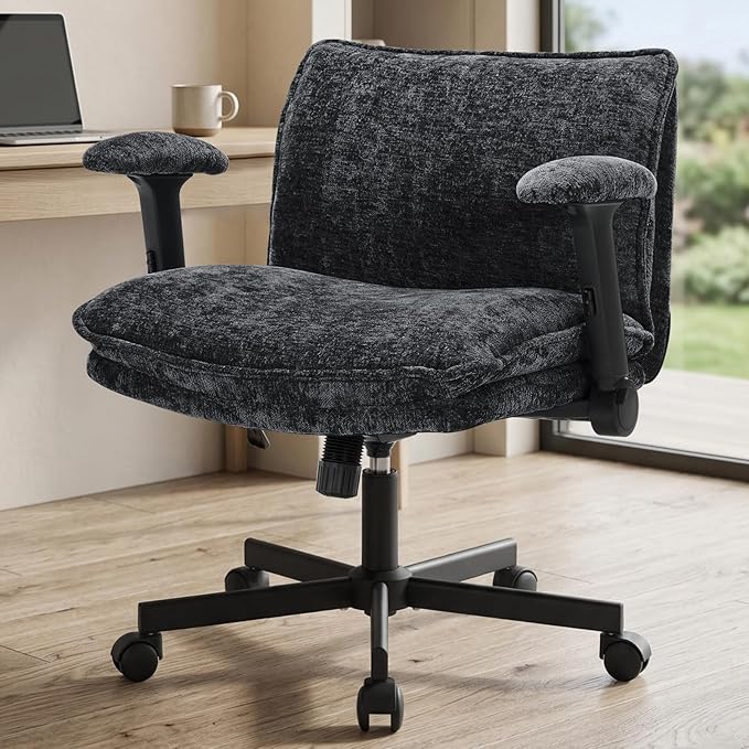Cross Legged Office Chair, Height Adjustable Swivel Desk Chair with Flip-Up Arms, Padded Criss Cross Chair for Home Office & Bedroom