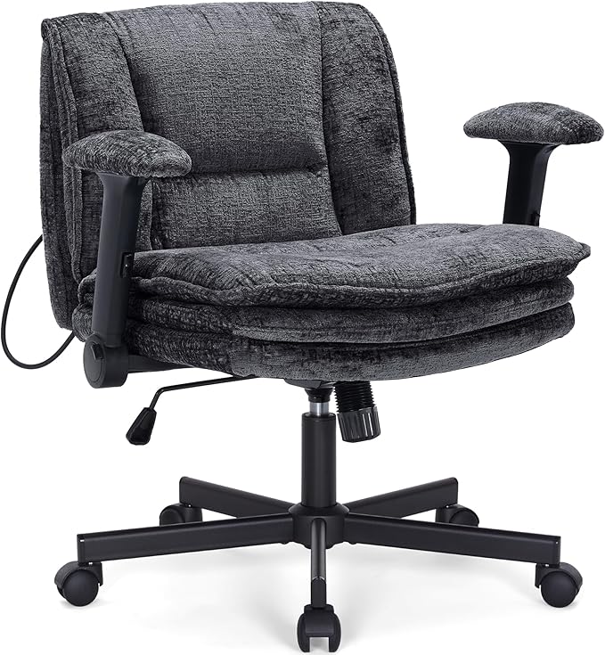 Criss Cross Chair with Wheels and Flip Arms, Upholstered Cross Legged Office Chair with 3 Layer Cushions&Dynamic Airbag Lumbar Support, Wide Seat Comfy Desk Chair for Home Office, Living Room, Black