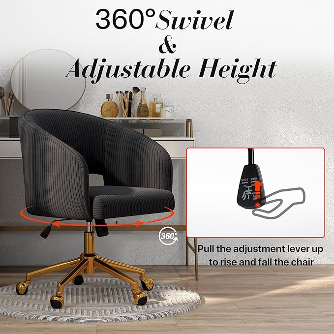 Home Office Swivel Desk Chair, Modern Corduroy Vanity Chair, Height Adjustable Armchair with Gold Base, Ergonomic Office Chair for Task Study Computer Room, Black