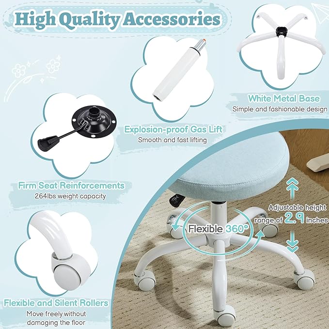VINGLI Small Vanity Chair with Wheels for Girls.Cute Modern Adjustable Height Armless Office Desk Chair.360°Swivel Comfy Rolling Chair for Study, Make up Room,Small Space,Linen Light Blue
